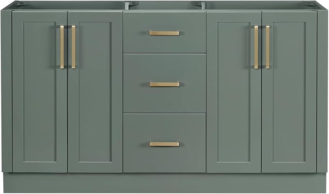 ARIEL Loren 60-inch Bathroom Vanity Base Cabinet,Solid Wood, 4 Soft Closing Doors, 3 Dovetail Drawers, Vintage Green