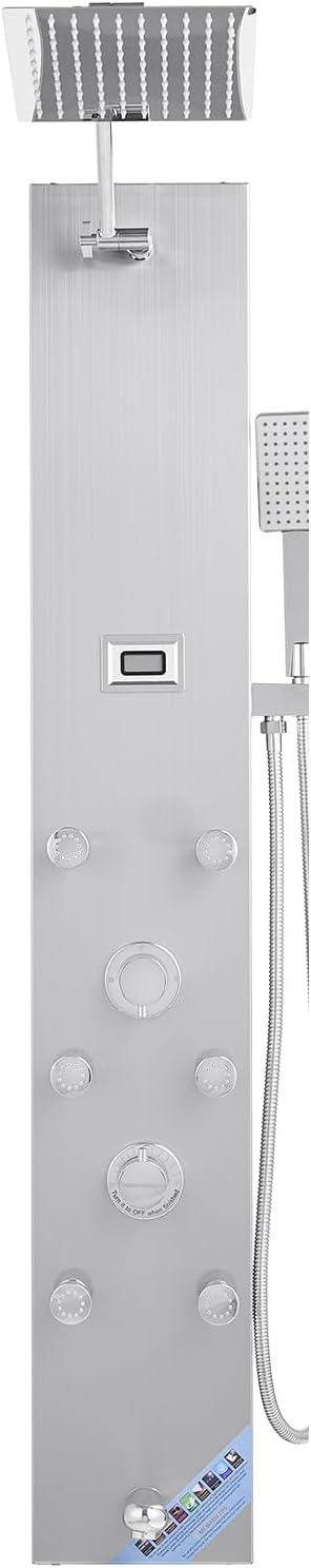 VEVOR Shower Panel Tower System with Rainfall Shower Head, LED, 49 in Brushed Stainless Steel Shower Column, 4-Function Faucet, Wall-Mount Rain Massage System with 6 Body Jets, Handheld, and Tub Spout