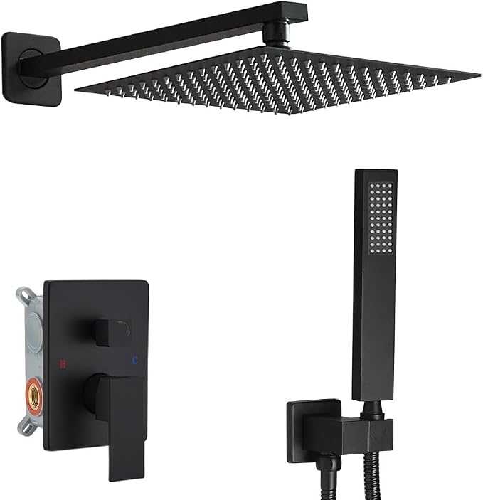 Matte Black Shower System 12 Inches Bathroom Luxury Rain Shower Head with Handheld Combo Set Wall Mounted High Pressure Rainfall Shower Head System Shower Faucet with Valve and Trim Kit