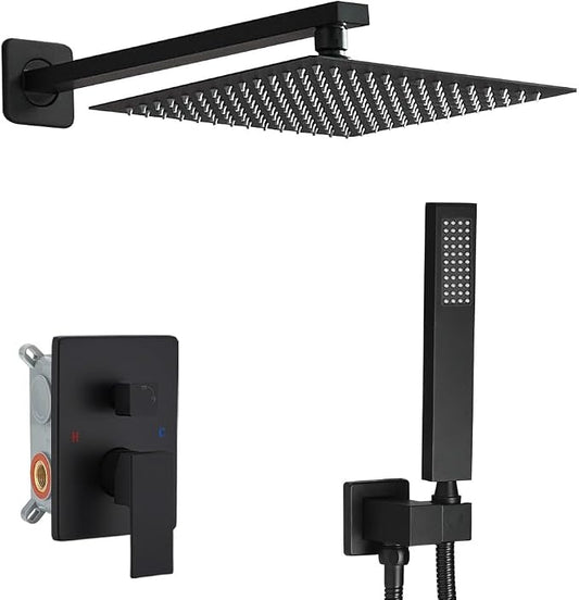 Matte Black Shower System 12 Inches Bathroom Luxury Rain Shower Head with Handheld Combo Set Wall Mounted High Pressure Rainfall Shower Head System Shower Faucet with Valve and Trim Kit