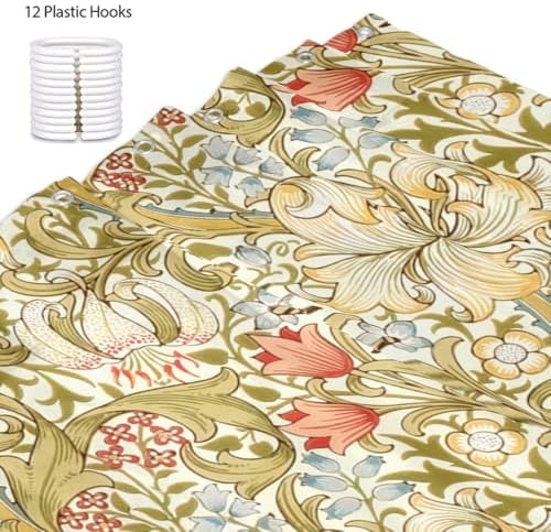 Ansouyi William Morris Shower Curtain Set with 12 Hooks, Bath Curtains Waterproof Polyester Fabric, Lily Art Nouveau Floral Home Bathroom Bathtubs Decor Washable Durable Fabric, 72" Wx72 L