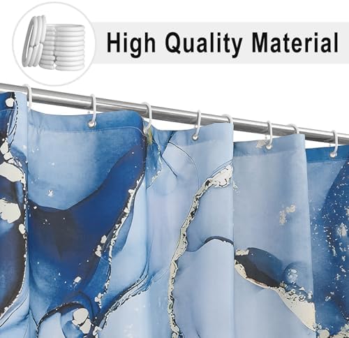 Blue Marble Shower Curtain, Modern Abstract Luxury Blue Gold Ink Texture Watercolor Art Bathroom Curtains Ombre Machine Washable Waterproof Fabric Bathtub Curtain Set with Hooks 60" Wx72 L