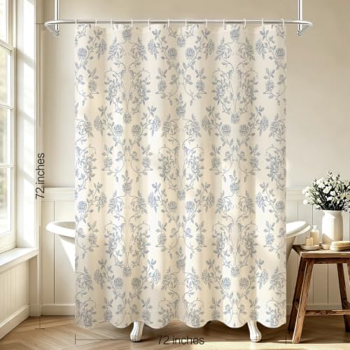 MitoVilla Vintage Farmhouse Blue Floral Poly-Cotton Shower Curtain, 72x72