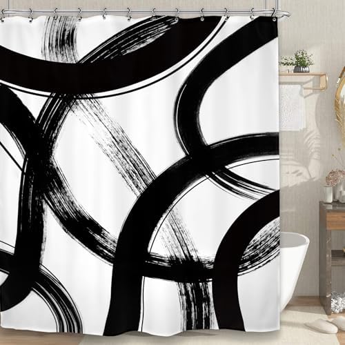 Abstract Modern Shower Curtain 60Wx72L Inch Black White Minimalist Contemporary Art Line Neutral Simple Bathroom Set Accessories Decor with 12 Pack Hooks