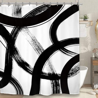 Abstract Modern Shower Curtain 60Wx72L Inch Black White Minimalist Contemporary Art Line Neutral Simple Bathroom Set Accessories Decor with 12 Pack Hooks