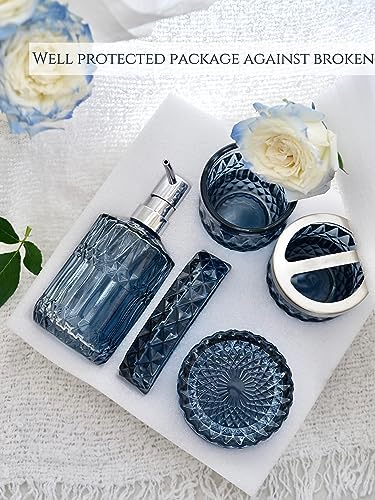LaMarriti Blue Bathroom Accessories Set, 5Pcs Clear Glass Bathroom Accessories, Hand Soap Dispenser, Soap Dish, Toothbrush Holder Set, Qtips Holder for Crystal Vintage Bath Countertop Decor, Gift Set