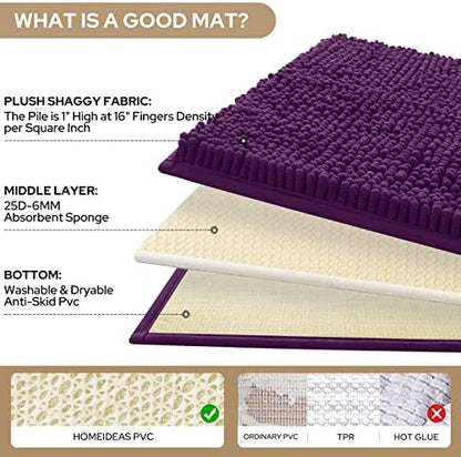 HOMEIDEAS Purple Chenille Bathroom Rugs Set of 3, Non Slip Bath Mat
