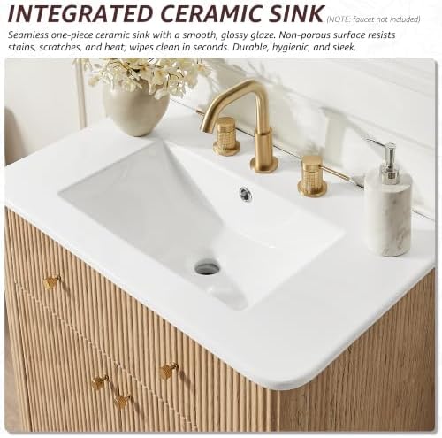 T4TREAM 60" Fluted Bathroom Vanity with 2 Single Sinks, Natural Oak