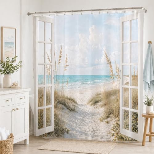 Beach Shower Curtain, Rustic Country Coastal Ocean Decor Bathroom Curtains, Seaside Scenery Waterproof Polyester Fabric Shower Curtain with Hooks 72x72 Inch