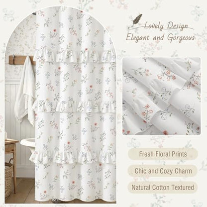 Floral Farmhouse French Country Ruffle Cotton Shower Curtain 72Wx72H