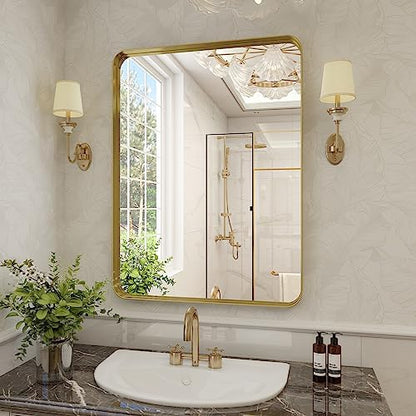 VooBang Bathroom Mirror 30x40 inch, Gold Gorgeous Deep Frame Wall Mirror, Modern Round Corner Bathroom Vanity Mirror for Bedroom, Living Room, Hanging or Leaning Horizontal or Vertical, Gold