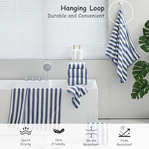 18 Pcs Blue Purple Stripe Bath Towel Set with Hanging Loop-6 Bath Towels,6 Hand Towels,6 Washcloths Soft Family Towels Set Bathroom Towel Highly Absorbent Quick Dry Shower Towel for Beach Chair Hotel