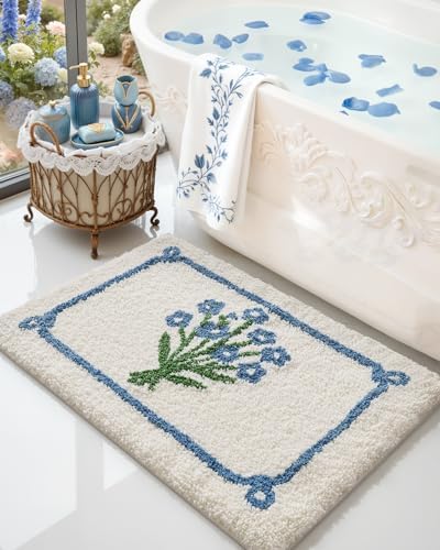 DEXI Floral Bathroom Rugs 36x24, Vintage Blue Bouquet Bath Mat Non Slip