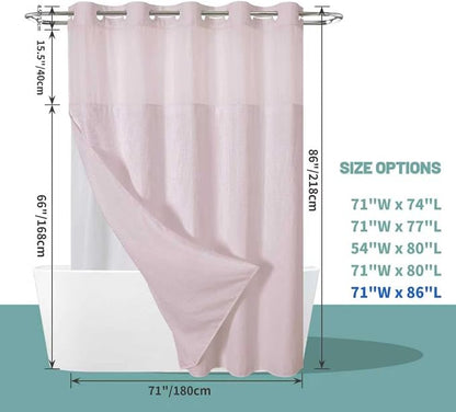 No Hook Long Waffle Shower Curtain, Snap-In Liner, 71x86 in, Blush Pink | 230 GSM waffle weave fabric, waterproof liner set with 2 bottom magnets, mesh top window, washable, for bathroom or hotel use