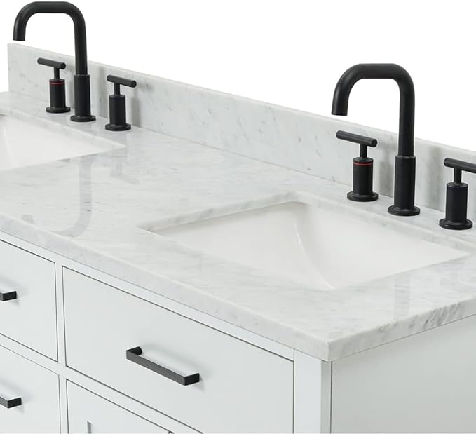 ARIEL Hepburn 60-inch Bathroom Vanity with Sink,Solid Wood, 0.75-inch Italian Carrara Marble Countertop, Double Rectangular Porcelain Sink, 4 Soft Closing Doors, 6 Dovetail Drawers, Grey
