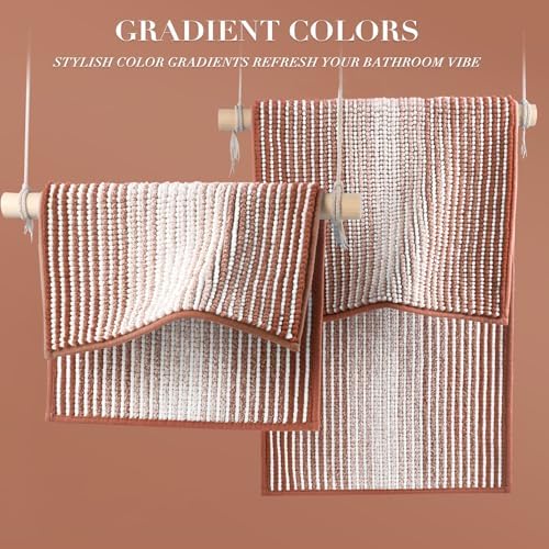 BSICPRO Bathroom Rugs Set 2 Piece, Non Slip Striped Bath Mat, Caramel Brown