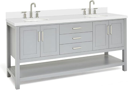 ARIEL Magnolia 72-inch Bathroom Vanity with Sink,Solid Wood, 1.5-inch Pure White Quartz Countertop & Backsplash, Double Oval Porcelain Sink, 4 Soft Closing Doors, 3 Dovetail Drawers, Grey