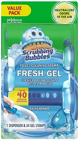 Scrubbing Bubbles Toilet Bowl Cleaning Stamps, Keeps Toilet Clean and Helps Prevent Limescale and Rings, Rainshower Scent, 1 Dispenser with 24 Stamps