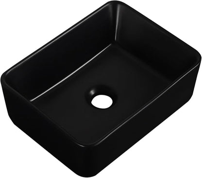 Vessel Sink 16"x12" Rectangular Bathroom Sink Modern Black Porcelain Ceramic Above Counter Drop-in Vanity Sink for Bathrooms Art Basin