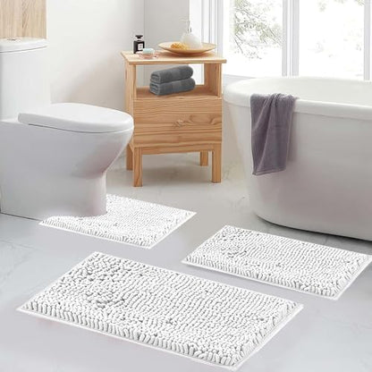 White Bathroom Rugs and Mats Set, 2 Piece Chenille Bath Mat Set, Machine Wash Dry, Non Slip Absorbent Shaggy Bath Rug for Bath Room, Shower and Tub (20" x 32"+16" x 24") Bathroom Rug St Accessories