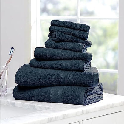 BOUTIQUO 8 Piece Towel Set 100% Ring Spun Cotton, 2 Bath Towels 27X54, 2 Hand Towels 16X28 and 4 Washcloths 13X13 - Ultra Soft Highly Absorbent Machine Washable Hotel Spa Quality - Mineral Blue