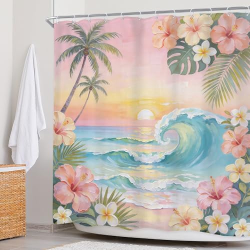 Ocean Coastal Pink Floral Palm Leaves Flower Bathroom Shower Curtain Set