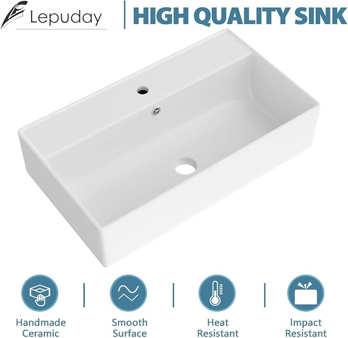 Wall Mounted Bathroom Sink Rectangle Vessel Sink 21" x 12" | Modern Bathroom Compliant Ceramic Bathroom Sinks Porcelain Wall Hung Sink Wash Hand Basin Vanity Sink for Lavatory Room