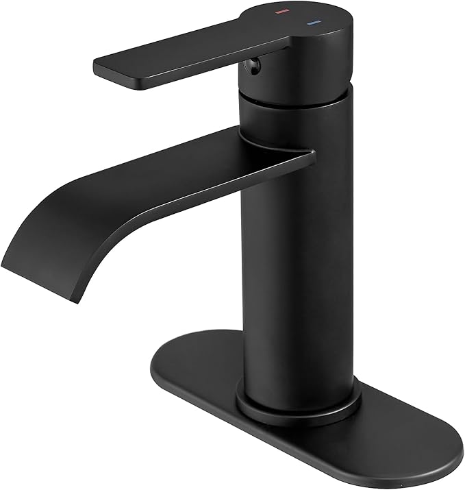 VOTON Black Bathroom Faucets, Single Handle Bathroom Sink Faucet Modern Waterfall Bathroom Faucet 1 or 3 Holes with Deck Plate, Rv Camper Farmhouse Bathroom Utility Remodel Mixer Tap Washbasin Faucet