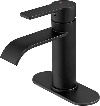 VOTON Black Bathroom Faucets, Single Handle Bathroom Sink Faucet Modern Waterfall Bathroom Faucet 1 or 3 Holes with Deck Plate, Rv Camper Farmhouse Bathroom Utility Remodel Mixer Tap Washbasin Faucet