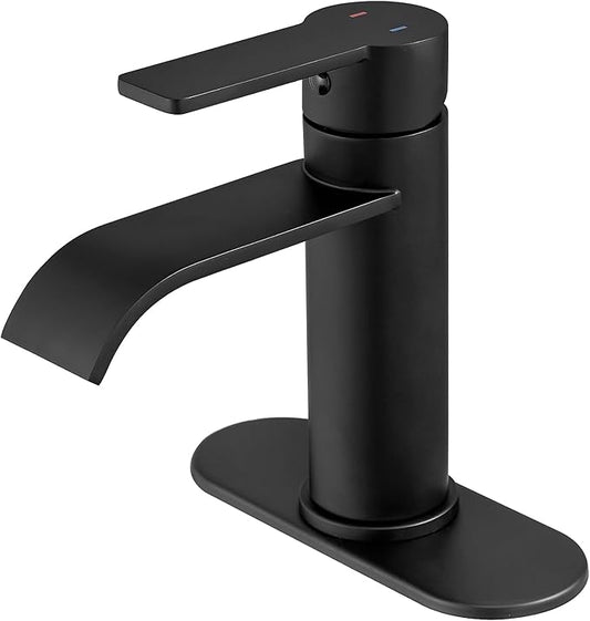 VOTON Black Bathroom Faucets, Single Handle Bathroom Sink Faucet Modern Waterfall Bathroom Faucet 1 or 3 Holes with Deck Plate, Rv Camper Farmhouse Bathroom Utility Remodel Mixer Tap Washbasin Faucet