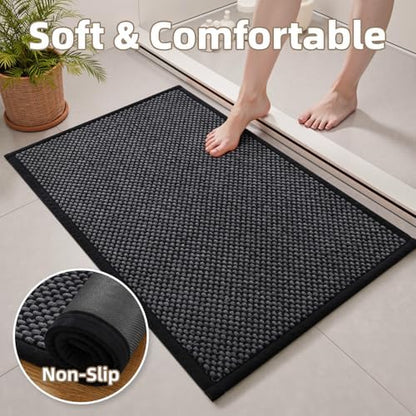 PADOOR-Bath Mat-Super Absorbent Chenille Bathroom Mats-Rubber Backed Bath Mats for Bathroom Non Slip, Easy Clean Bathroom Rugs Front of Bathtub,Shower Room,Sink-20×32, Darkgrey&Black