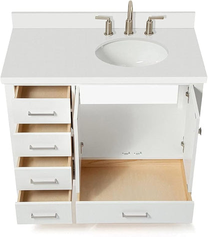 ARIEL Cambridge 42-inch Bathroom Vanity with Sink,Solid Wood, 1.5-inch Pure White Quartz Countertop & Backsplash, Single Oval Porcelain Sink, 2 Soft Closing Doors, 5 Dovetail Drawers, White