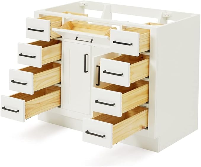 ARIEL Hepburn 42-inch Bathroom Vanity Base Cabinet,Solid Wood, 2 Soft Closing Doors, 9 Dovetail Drawers, White