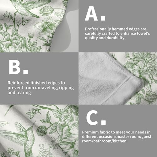 Chinoiserie Green Flowers Hand Towels Set of 2, Absorbent Spring Vintage Floral Birds Decorative Dish Towel Tea Towels for Farmhouse Bathroom Kitchen Cleaning and Decor