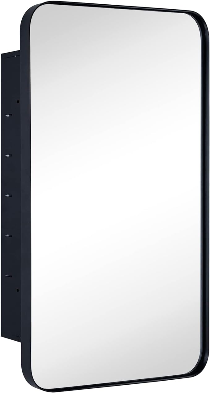 Matt Black Rectangle Recessed Bathroom Medicine Cabinet with Mirror Stainless Steel Metal Framed Rounded Rectangular Bathroom Cabinet with Mirror 16.5x27.5''