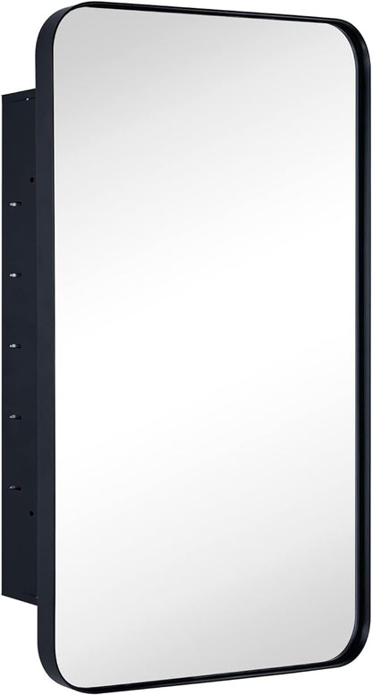 Matt Black Rectangle Recessed Bathroom Medicine Cabinet with Mirror Stainless Steel Metal Framed Rounded Rectangular Bathroom Cabinet with Mirror 16.5x27.5''