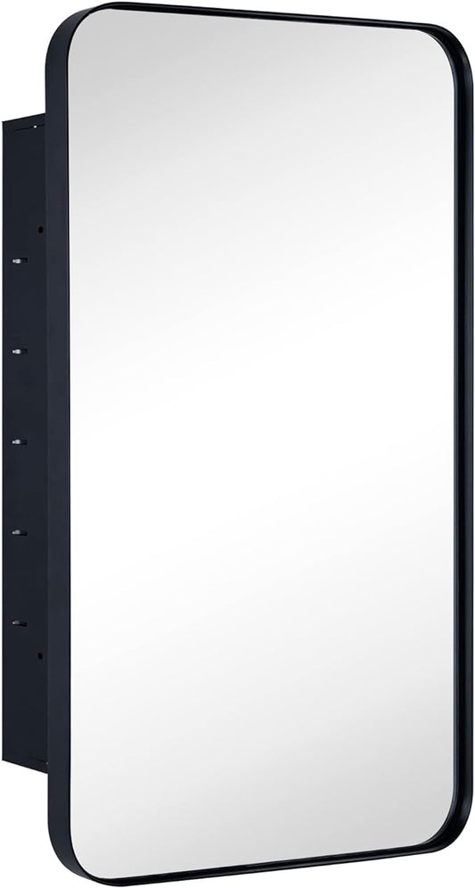 Matt Black Rectangle Recessed Bathroom Medicine Cabinet with Mirror Stainless Steel Metal Framed Rounded Rectangular Bathroom Cabinet with Mirror 16.5x27.5''