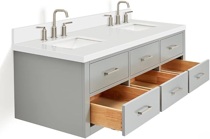 ARIEL Hutton 60-inch Bathroom Vanity with Sink,Solid Wood, 1.5-inch Pure White Quartz Countertop & Backsplash, Double Rectangular Porcelain Sink, 3 Dovetail Drawers, Grey
