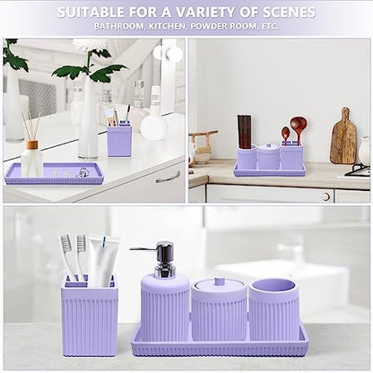 XLHOMO Resin Light Purple Bathroom Accessories Set 5 Pcs, Lotion Soap Dispenser, Toothbrush Holder, Bathroom Tumbler, Qtip Holder and Vanity Tray, Bathroom Countertop Organizer Set for Home Apartment