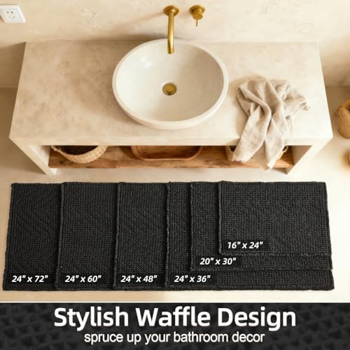 Sunfly Long Black Bathroom Rug, Waffle Bath Mat Non-Slip Washable Super Absorbent Quick Dry, Boho Farmhouse Bathroom Runner Decor 24"x60" Black