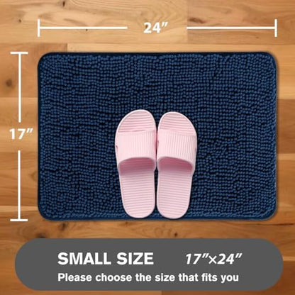 Navy Blue Bathroom Rugs – Absorbent and Washable Bath Mat, Non-Slip, Thick Soft Chenille Bath Rugs for Bathroom Floor, Shower, Sink - 17" x 24"