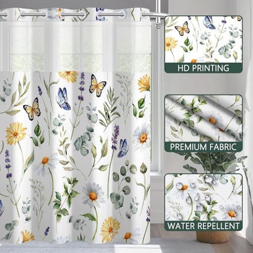 No Hook Flowers Shower Curtain with Snap-in Liner, 71x74 Inch