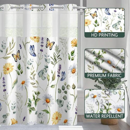 No Hook Flowers Shower Curtain with Snap-in Liner, 71x74 Inch