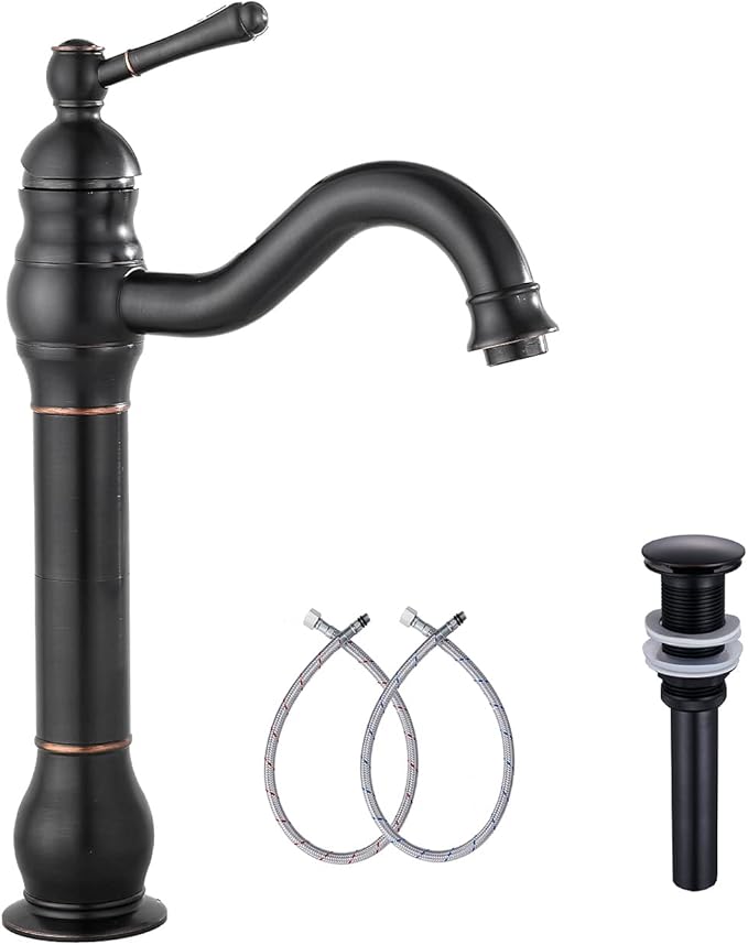 GGStudy 360° Swivel Single Handle One Hole Bathroom Vessel Sink Faucet Matching Pop Up Drain Without Overflow Oil Rubbed Bronze