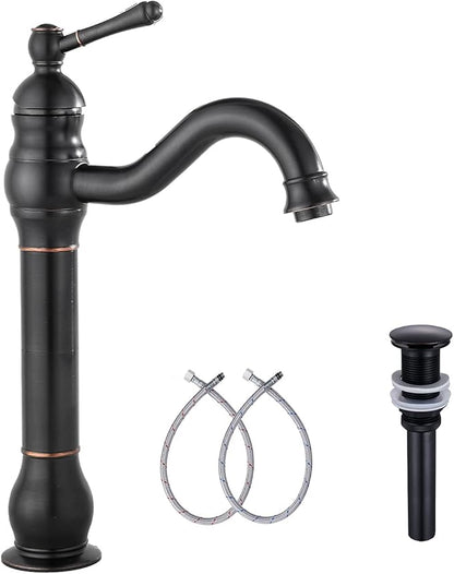 GGStudy 360° Swivel Single Handle One Hole Bathroom Vessel Sink Faucet Matching Pop Up Drain Without Overflow Oil Rubbed Bronze