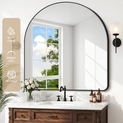 GLASHOM Arched Bathroom Vanity Mirror, 36"x36" Black Frame Wall Mirror