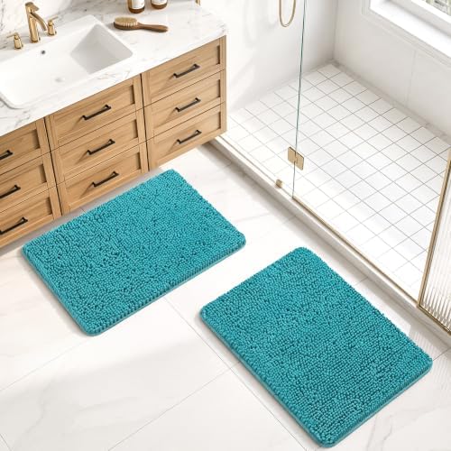LOCHAS Bathroom Rug Shaggy Bath Mat 2 Piece, 24 x 17 Inch, Teal Blue