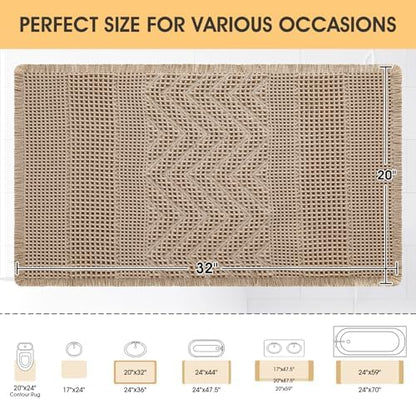 Waffle Bath Mat, Boho Woven Modern Bath Rug Absorbent Non Slip, Ultra Soft Bathroom Mats, Machine Washable Knit Bath Rugs Vertical Stripes with Ripples for Bathroom, Bedroom, Shower, 32"x20", Beige