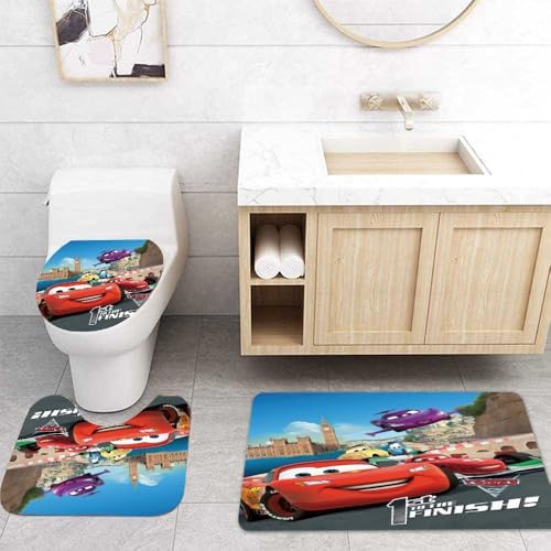 Cute Cartoon Shower Curtain Set 4 Piece with Non-Slip Rugs, Toilet Lid Cover and Bath Mat Cartoon Bathroom Decor 72 x 72inch (Cars)