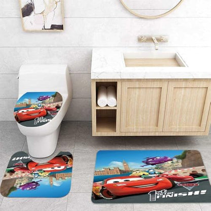 Cute Cartoon Shower Curtain Set 4 Piece with Non-Slip Rugs, Toilet Lid Cover and Bath Mat Cartoon Bathroom Decor 72 x 72inch (Cars)